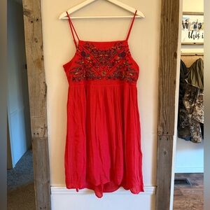 Red Embroidered Spaghetti Strap Sundress